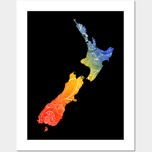 Colorful mandala art map of New Zealand with text in blue, yellow, and red Posters and Art